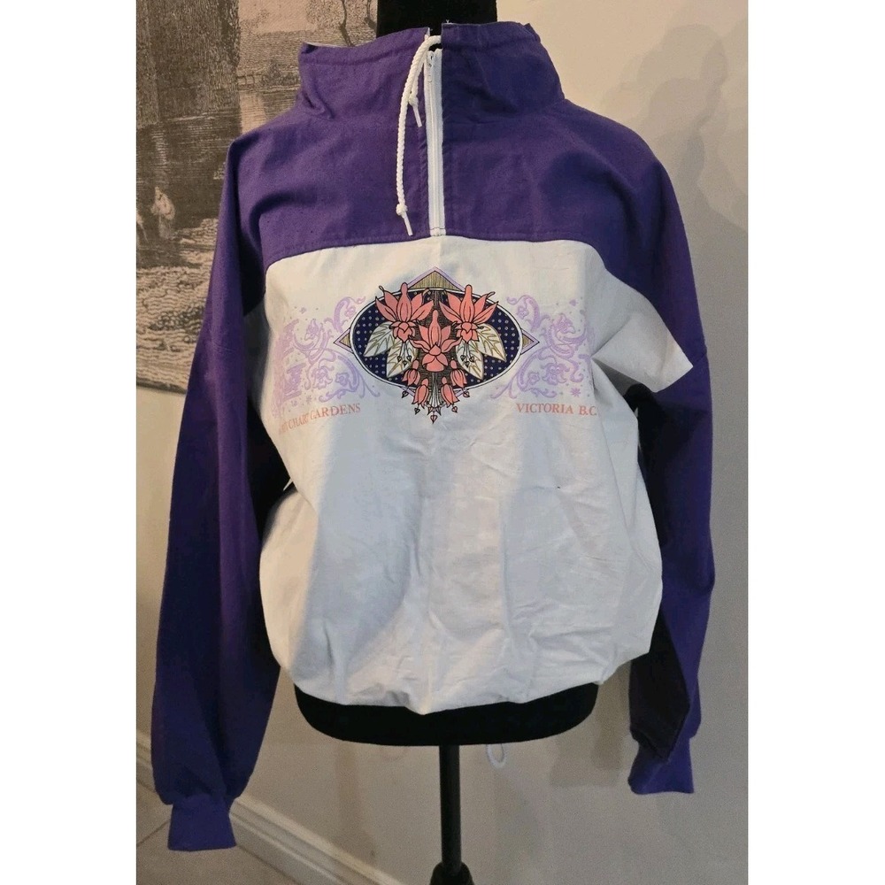 Vintage Woman Plus SZ 1 Purple Nylon Lined Windbreaker Jacket Floral 100% Cotton